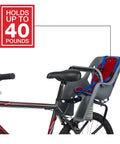 Rear Mount Lil Rider Child Bike Seat with five-point harness and spoke guard, fits 26 to 27 inch bikes, holds up to 40 pounds.