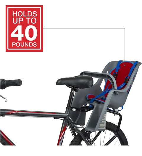 Rear Mount Lil Rider Child Bike Seat with five-point harness and spoke guard, fits 26 to 27 inch bikes, holds up to 40 pounds.