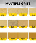 Multiple grits display of Heavy Duty 6 Inch Hook And Loop Sanding Discs Set Of 30 with aluminum oxide paper in 12 grit levels.