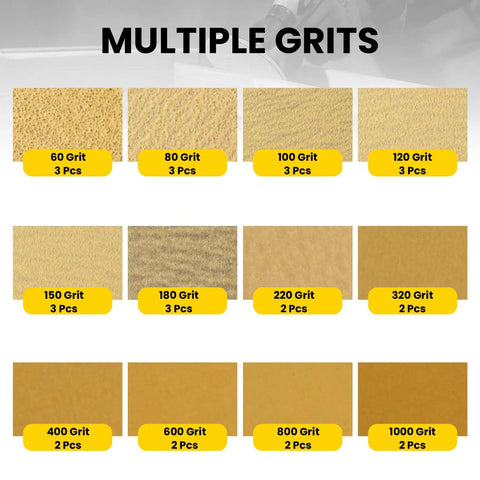 Multiple grits display of Heavy Duty 6 Inch Hook And Loop Sanding Discs Set Of 30 with aluminum oxide paper in 12 grit levels.