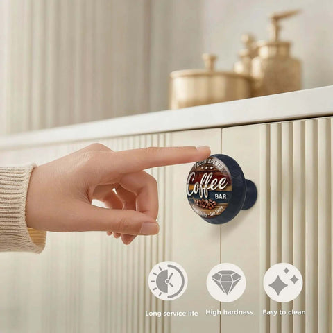 Hand touching 4 Pack Fresh Brewed Coffee Cabinet Knobs Acrylic Round Drawer Pulls For Dresser Cupboard Doors Handles Open Daily Self Serve Cafe Vibe Coffee Bar Decor Accent
