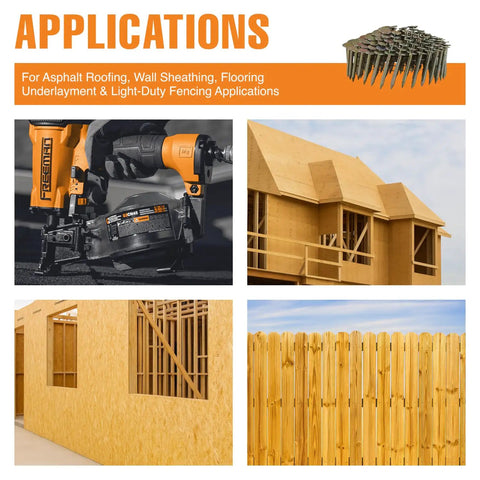 Applications of Hella Tough 15 Degree Wire Collated Galvanized Coil Roofing Nails For Asphalt Shingles Siding And Wall Sheathing.