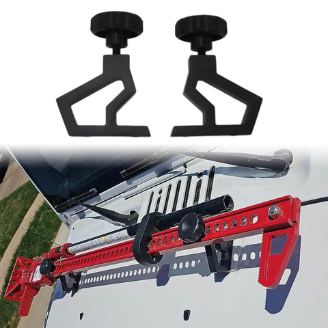 High Lift Jack Hood Mounting Bracket Kit For Jeep Wrangler JK 2007 To 2018 installed on white Jeep with brackets