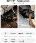 Underseat Carry On Luggage With Wheels For Travel Airline Approved Personal Item Bag With Leather Handle in airplane compartment.