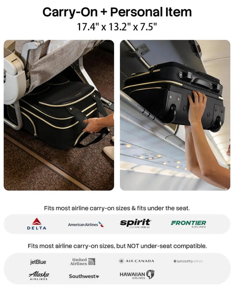 Underseat Carry On Luggage With Wheels For Travel Airline Approved Personal Item Bag With Leather Handle in airplane compartment.