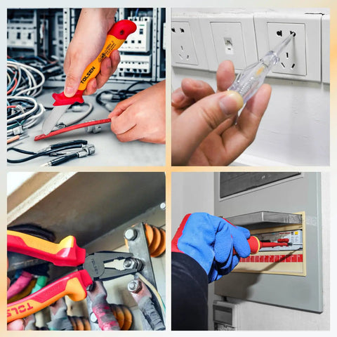 Top Notch Vde Insulated Screwdriver And Pliers Set For Electricians 11 Piece Pro Gear with pliers cutting wires and testing voltage.