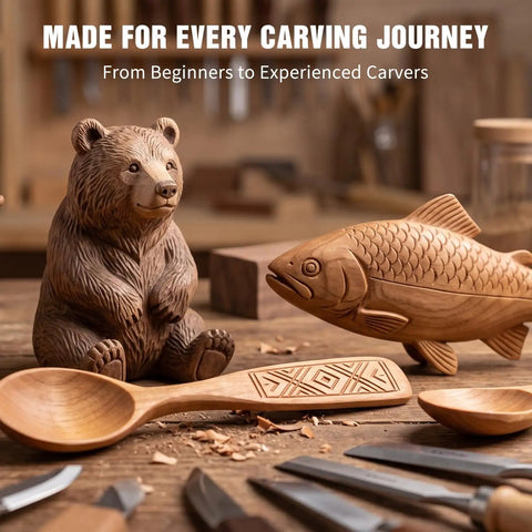 Knockout Wood Carving Kit With Thirty Five Pro Grade Tools And A Rugged Leather Roll Featuring razor sharp carvings of bear and fish.