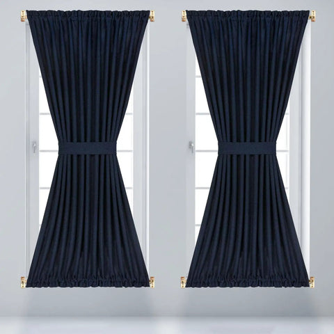 Slick Swivel End Sash Curtain Rods With Heavy Duty Metal Brackets For Doors And Windows Smooth Swinging Action Effortless Install Brass Finish Tough Pair Of Reliable Drapery Hardware with navy curtains.
