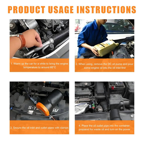 Grease Monkey Approved 12 Volt Electric Oil Extractor Pump With 60 Watt Motor And Reinforced Hose Clamps showing product usage instructions.
