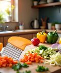 Vegetable crinkle cutter orange with stainless steel blade beside chopped carrots and peppers