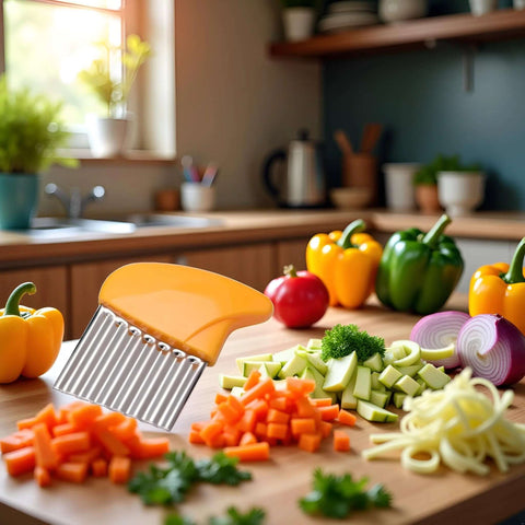 Vegetable crinkle cutter orange with stainless steel blade beside chopped carrots and peppers