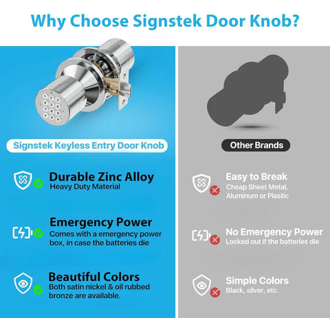 Signstek Keyless Entry Door Lock With Keypad And Smart Code Access, Satin Nickel, durability and features comparison chart
