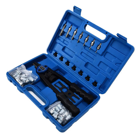 Awesome GFSGHZZ Hand Riveter Tool Set With Auto Locking Mechanism And 126 Piece Rivet Kit For M3 To M12 Fasteners Perfect For DIY Pros and Home Projects, blue case open