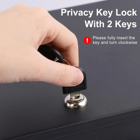 Hand inserting key into Fireproof Document Box With Key Lock Portable Metal Safe With Handy Carrying Handle For Grab And Go Security.