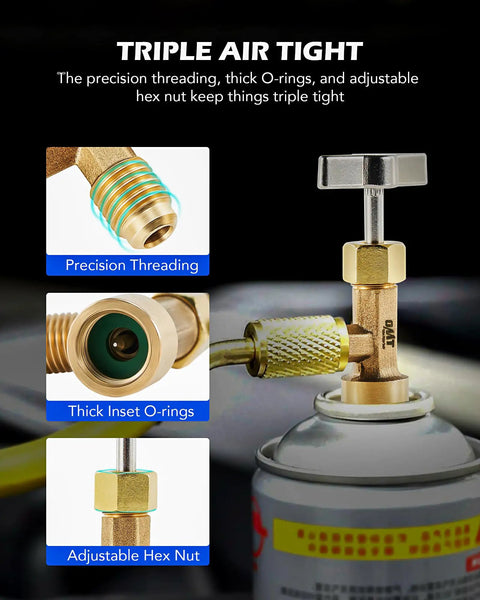 R134a Can Tap Puncture Style Refrigerant Dispenser With Tank Adapter For Quarter Inch And Half Inch Hoses shown with precision threading and O-rings.