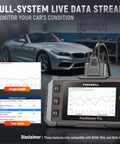 2-In-1 BMW Diagnostic Scanner And 12V Battery Tester with Full System Bidirectional Scan displaying car data graphs