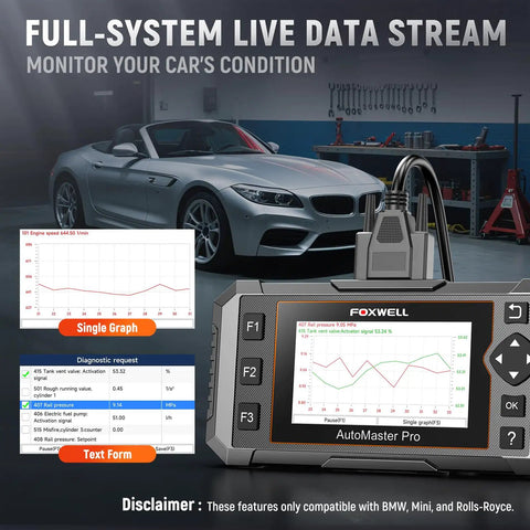 2-In-1 BMW Diagnostic Scanner And 12V Battery Tester with Full System Bidirectional Scan displaying car data graphs