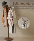 Solid Wood Coat Rack Freestanding Tree With 12 Hooks And 3 Height Levels Adjustable Coat Stand For Entryway Or Bedroom A Real Game Changer For Coats Hats Bags And Scarves Walnut Finish showing coats and hats hung
