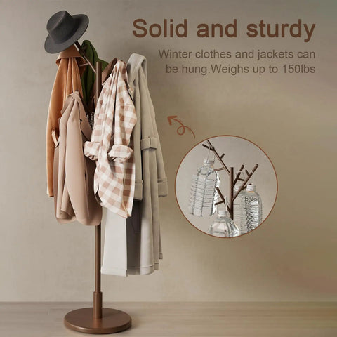 Solid Wood Coat Rack Freestanding Tree With 12 Hooks And 3 Height Levels Adjustable Coat Stand For Entryway Or Bedroom A Real Game Changer For Coats Hats Bags And Scarves Walnut Finish showing coats and hats hung
