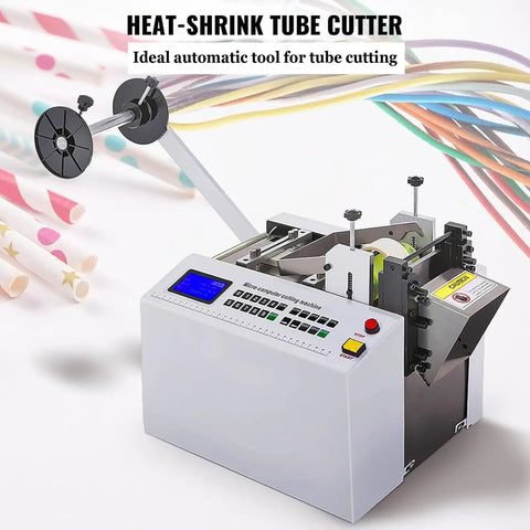 Automatic Heat Shrink Tube Cutting Machine With Micro-Computer Control Adjustable Batch Pause Fast Precision Cutting For Plastic Tubing Small Wires And Film High Speed Automated Processing Solution, showing a digital display and colorful tubes.