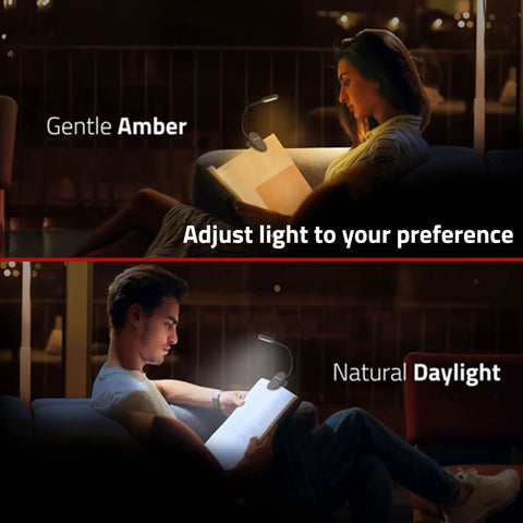 Rechargeable Clip On Book Light For Reading In Bed Hands Free With 3 Light Modes And Adjustable Brightness Flexible Neck showing amber and daylight modes