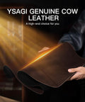 Person holding Genuine Leather Desk Pad For Office 31.5 By 15.8 Inches Thick Premium Table Mat with dark brown cowhide.