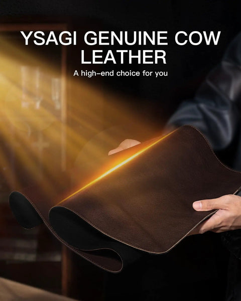 Person holding Genuine Leather Desk Pad For Office 31.5 By 15.8 Inches Thick Premium Table Mat with dark brown cowhide.