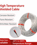 Top Shelf Heavy Duty Four Core Fep Shielded Cable Featuring Stranded Silver Plated Copper Conductors Built To Handle Extreme Heat And Cold Up To Two Hundred Degree Celsius Daily, displayed in a coil with insulation details.