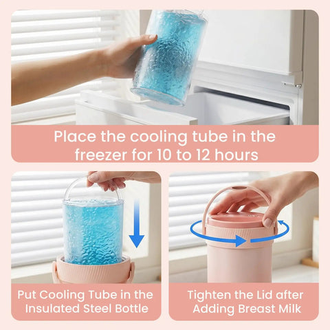 Portable Breast Milk Storage Bottle Smart Temperature Display 20 Oz Insulated Chiller Pink showing cooling tube setup instructions.