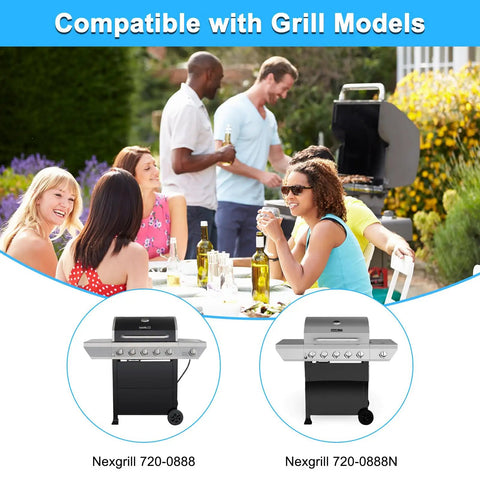 Outdoor gathering with compatible Nexgrill models 7200888, 7200888N shown; Five Pack Stainless Steel Burners With Heat Plates And Electronic Igniters Replacement Kit For 7200888 7200888N And 7200830H Gas Grills Restore Performance Like New And Keep Grilling Easy
