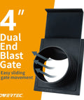 Deadnuts Tight Heavy Duty 4 Inch Blast Gate Valve For Professional Workshop Dust Collection Systems Featuring Smooth Sliding Control and quick change threaded hose connectors, showing a dual end blast gate.