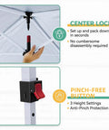 10x20 Ft Pop Up Canopy Tent With Removable Sidewalls For Parties And Events showing center lock and pinch-free button features