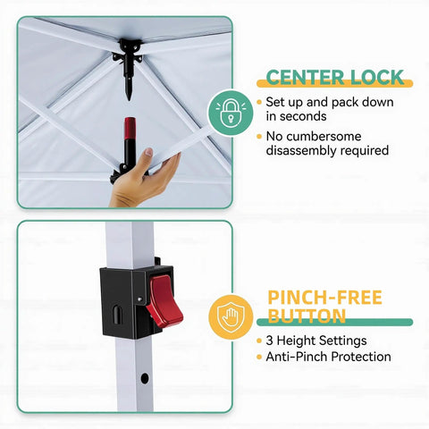 10x20 Ft Pop Up Canopy Tent With Removable Sidewalls For Parties And Events showing center lock and pinch-free button features