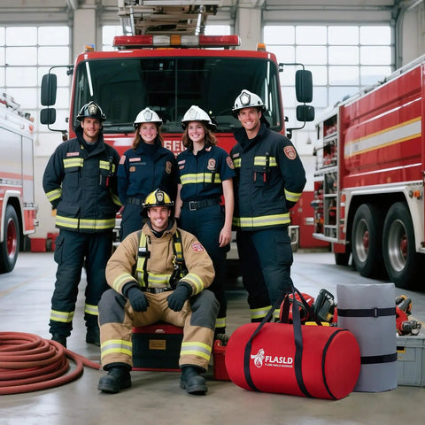 Firefighters in a station with a fire truck and equipment, including a red Flasld fire suppression kit.