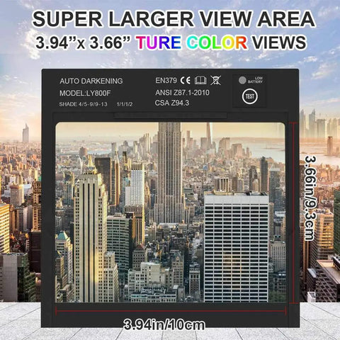 Large Viewing Auto Darkening Welding Helmet lens showing cityscape, 3.94 by 3.66 inch True Color solar power view for welding and grinding