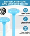 Image showing Whisper Quiet Nylon Garage Door Rollers 10 Pack With Nylon Coated Stem 2 Inch Wheel And 4 Inch Stem Dual Sealed 6200RS Bearings Fits Standard 2 Inch Tracks with smooth blue wheel and stem next to bearing illustration, highlighting double sealed, pre-lubricated features.