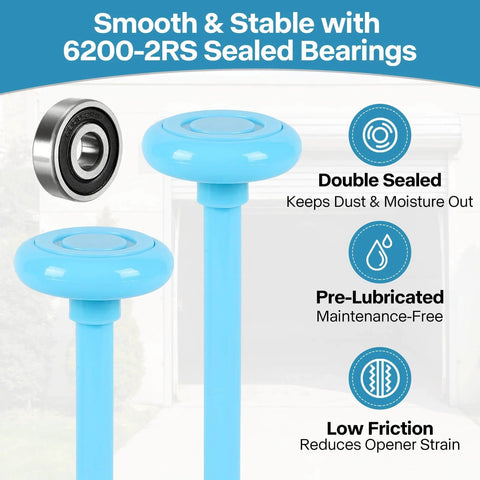 Image showing Whisper Quiet Nylon Garage Door Rollers 10 Pack With Nylon Coated Stem 2 Inch Wheel And 4 Inch Stem Dual Sealed 6200RS Bearings Fits Standard 2 Inch Tracks with smooth blue wheel and stem next to bearing illustration, highlighting double sealed, pre-lubricated features.