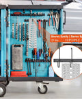 Workshop pegboard with tools next to CNC machined aluminum screw size chart, Go No Go ANSI standard, quick fit design.