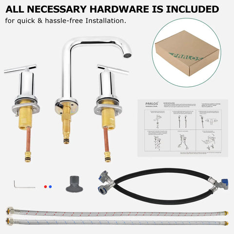 8 Inch Polished Chrome Widespread Bathroom Sink Faucet For 3 Hole Vanity With cUPC Certified Supply Lines 1.2 GPM Brass Construction Built To Last And Water Efficient shown with installation parts and supply lines