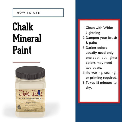 Chalk Mineral Furniture Paint in Drop Cloth, 32oz, matte linen white finish bottle with usage instructions on the side