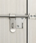 Heavy Duty Stainless Steel Gate Latch And Bolt For Wood Garden Fence, close-up view on white wood background.