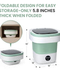 Totally Foldable Hella Portable Washing Machine With Heavy Duty Spin Basket And Three Fast Wash Cycles Super Compact 16 Liter Mini Laundry Drum for easy storage, measures 5.8 inches thick.