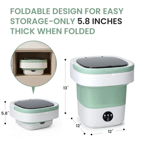 Totally Foldable Hella Portable Washing Machine With Heavy Duty Spin Basket And Three Fast Wash Cycles Super Compact 16 Liter Mini Laundry Drum for easy storage, measures 5.8 inches thick.