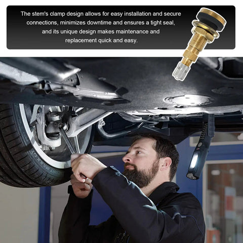 Mechanic installing Two Pack TR618A Metal Valve Stems For Tubeless Tires High Flow Core for fast air and liquid filling on vehicle