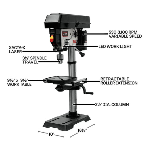 12-Inch Benchtop Drill Press With Variable Speed 530-3100 RPM, 1/2 HP, 115V Single Phase, Compact Cast Iron Base Fits Small Benches, Oversized Ergonomic Knobs, LED Work Light, And Retractable Roller Extension For Precise, Easy Drilling