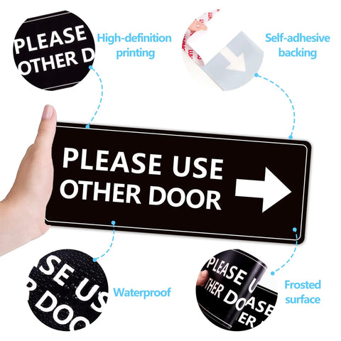 2 Pack Please Use Other Door Sign With Left Right Arrow Self Adhesive Weatherproof Vinyl Entrance Sticker, features details.