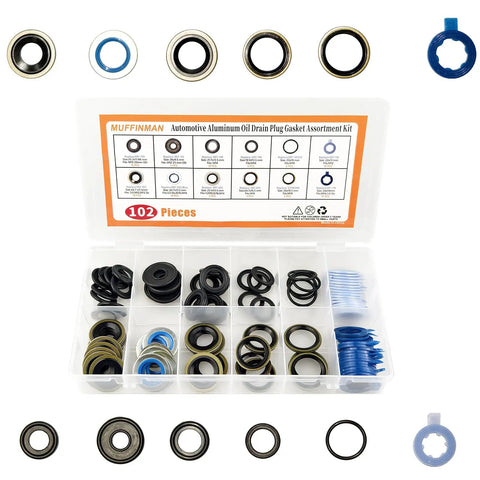 Oil Drain Plug Gasket Kit 102 Pieces 12 Types Rubber Gaskets For M12 And M14 Drain Plugs in transparent storage box