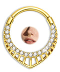 16G Teardrop Septum Ring With V-Shaped Openwork Bar And CZ Stones, 316L Surgical Steel Hinged Clicker Nose Ring For Women display