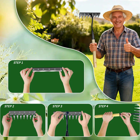 Man in garden holding Eight Tine Garden Weed Puller Tool With Wooden Handle, Rustproof Manganese Steel Rake, easy weeding instructions