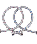 Built Tough Braided Stainless Steel Faucet Supply Lines Twenty Inch Length With Half Inch Female Iron Pipe Connectors in silver.